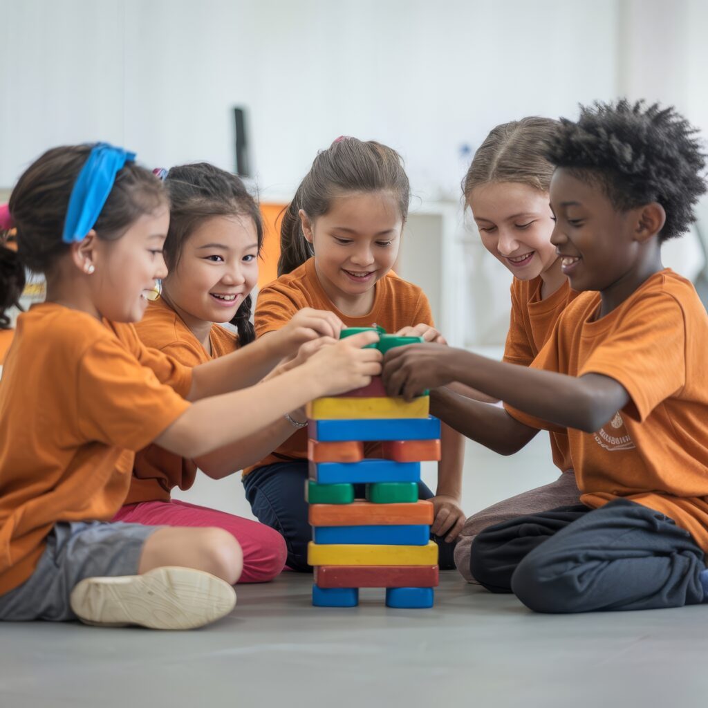cheerful children playing team building games floor
